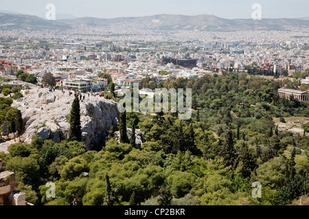 L'Aréopage Hill et le Temple d'Héphaïstos, vue de l'Acropole. Athènes, Grèce. Banque D'Images