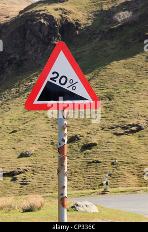 Col de Newlands, Cumbria, England, UK 20  % raide triangulaire rouge dégradé panneau d'avertissement sur une route de montagne dans les montagnes Banque D'Images