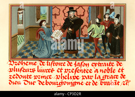 Raoul Lefevre également connu sous le nom de Raoul Le Fevre présente son livre L'histoire de Jason à Philippe le Bon, duc de Bourgogne Banque D'Images