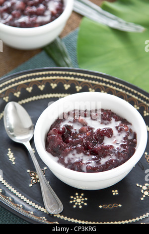 Le riz gluant noir avec du lait de coco dessert thaïlandais Banque D'Images