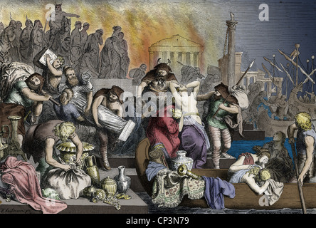 Monde antique, période migratoire, vandales après le pillage de Rome 455, après dessin de H. Leutemann, coloré, gravure en bois, 19e siècle, droits additionnels-Clearences-non disponible Banque D'Images