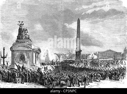 Evénements, guerre franco-prussienne 1870 - 1871, politique, émeutes sur place de la Concorde après la bataille de Woerth, 7.8.1870, gravure en bois, 19e siècle, foule, démonstration, France, franco-prussienne, historique, historique, peuple, droits additionnels-Clearences-non disponible Banque D'Images