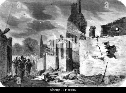 Evénements, guerre franco-prussienne 1870 - 1871, bataille de Sedan, 1.9.1870, Bazeilles après avoir été emmêlé par les Bavarois 1.9.1870, gravure contemporaine en bois, soldats, Bavière, destruction, ruines, feu, fumée, Allemagne, France, 19e siècle, franco-prussien, historique, historique, peuple, droits additionnels-Clearences-non disponible Banque D'Images