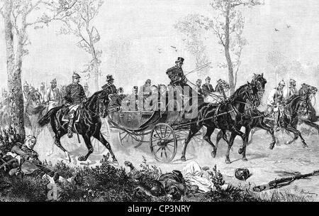 Evénements, Guerre franco-prussienne 1870 - 1871, bataille de Sedan, 1.9.1870, Otto von Bismarck escortant l'empereur Napamon III, 2.9.1870, gravure de bois après peinture par Camphausen, 1877, cession, capture, chute du deuxième Empire, Allemagne, France, 19e siècle, Franco - Prusse, historique, historique, peuple, droits additionnels-Clearences-non disponible Banque D'Images