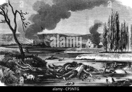 Evénements, guerre franco-prussienne 1870 - 1871, bataille de Sedan, 1.9.1870, cadavres de soldats tombés dans la Meuse, gravure en bois contemporain, mort, mort, Allemagne, France, 19e siècle, franco-prussien, historique, historique, peuple, droits additionnels-Clearences-non disponible Banque D'Images