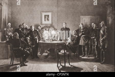 Evénements, Guerre franco-prussienne 1870 - 1871, bataille de Sedan, 1.9.1870, négociations de la reddition à Donchery, 2.9.1870, imprimé après peinture par Anton von Werner, 1885, Otto von Bismarck, général Helmuth von Moltke, général Emanuel de Wimpfen, Allemagne, France, 19e siècle, franco-prussien, historique, peuple, droits additionnels-Clearences non disponibles Banque D'Images