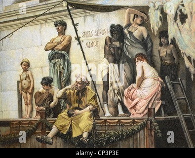 Esclavage, monde antique, marché des esclaves romains, gravure de bois après peinture par Gustave Boulanger, 19e siècle, historique, historique, commerçant, commerçants, marchands, esclaves, plate-forme, piédestal, plates-formes, tourteaux, monde antique, gens, droits additionnels-Clearences-non disponible Banque D'Images