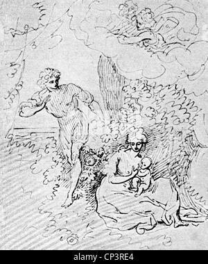 Wieland, Christoph Martin, 5.9.1733 - 20.1.1813, auteur/écrivain allemand, poète, œuvre, Oberon (1780), scène, dessin de Johann Heinrich Ramberg, Kestner Museum, Banque D'Images