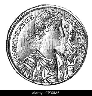 Constantin II (Flavius Claudius Constantinus), 317 - 340, empereur romain 337 - 340, portrait, coins, vers 338, gravure sur bois, 1 Banque D'Images