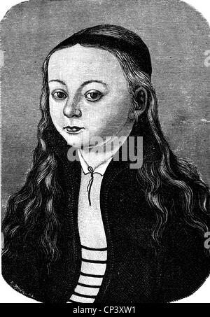 Luther, Martin, 10.11.1483 - 18.2.1546, réformateur allemand, famille, portrait possible de sa fille Magdalena (4.5.1529 - 20.9.1542) par Lukas Cranach, gravure sur bois, XIXe siècle, Banque D'Images