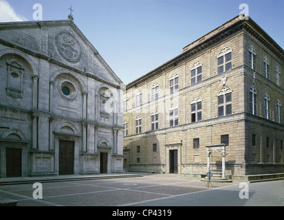 Toscane Pienza (Si). Façade du Duomo ou Cathédrale de Santa Maria Assunta Palazzo Piccolomini. Architecte Rossellino (1409-1464). Banque D'Images