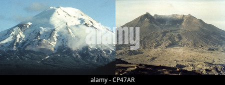 Avant et après l'éruption du Mont Saint Helens. Le volcan a perdu plus de 1 300 de ses 9 677 pieds de hauteur quand elle a explosé en Banque D'Images