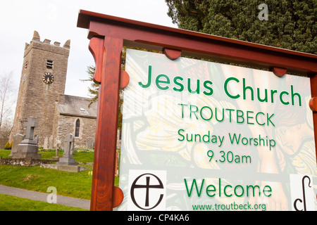 La floraison des jonquilles dans la cour de l'église de Jésus église de Troutbeck, Lake District, UK, du porche d'entrée. Banque D'Images