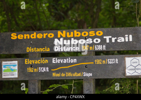 Trail panneau au Monteverde Cloud Forest Reserve, Costa Rica Banque D'Images