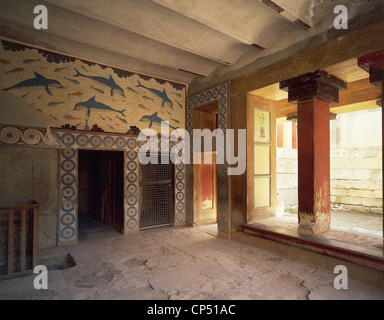 Appartements de la reine au palais de Knossos, Crète (Grèce). Détail de la fresque des dauphins dans megaron patio. La civilisation minoenne, Banque D'Images