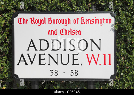 Plaque de rue pour Addison Avenue W11 dans le Royal Borough de Kensington et Chelsea, London, UK. Mars 2012 Banque D'Images