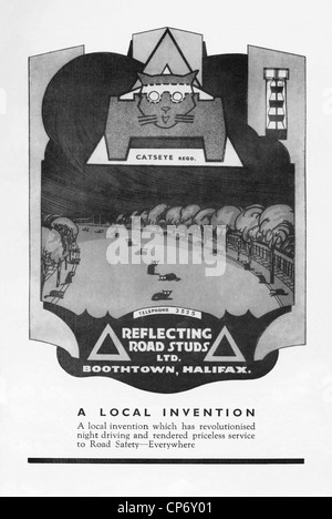 1948 publicité pour des yeux de chat ou réfléchissants routiers plots. Le dispositif de sécurité routière a été inventé par Yorkshireman Percy Shaw en 1933 Banque D'Images