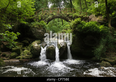 Vieux Pont et Cascade Schiessentümpel sur l'Ernz Noire dans la petite Suisse / Mullerthal, Grand-duché de Luxembourg Banque D'Images