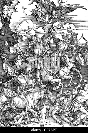 La gravure sur bois par artiste Albrert Dürer intitulée, "l'Apocalypse de saint Jean : 4. Les quatre cavaliers de l'Apocalypse". Banque D'Images