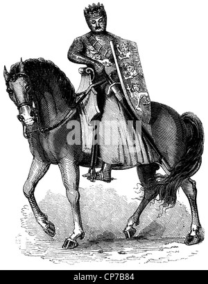 Gravure du roi Édouard I d'Angleterre monté sur cheval avec armure en mailles. Banque D'Images