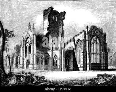 Gravure de Melrose Abbey ruins, en Écosse. Abbaye de melrose est une abbaye de style gothique dans la région de Melrose, en Écosse. Elle a été fondée en 1136 b Banque D'Images