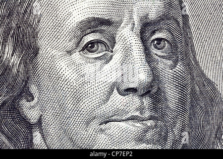 Macro close up de Ben Franklin's face à l'US $100 dollars. Banque D'Images