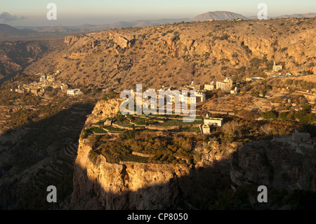 Les villages de cendres Sharaijah avec sa terrasse des parcelles et sur le Plateau Saiq Saiq dans la lumière du soir, Jebel al Alkhdar, Oman Banque D'Images