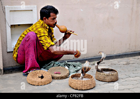 Un snakecharmer, Sri Lanka. Il est charmant deux cobras à lunettes dans des paniers. Banque D'Images