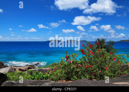 Beauté tropicale de la Baie Ste Anne, vu de l'extrémité nord de la Digue aux Seychelles Banque D'Images