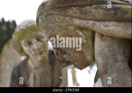 Statue angel sympathique très froid me fixe avec un compagnon et de gouttes froides le nez dans la neige cimetière lié Banque D'Images