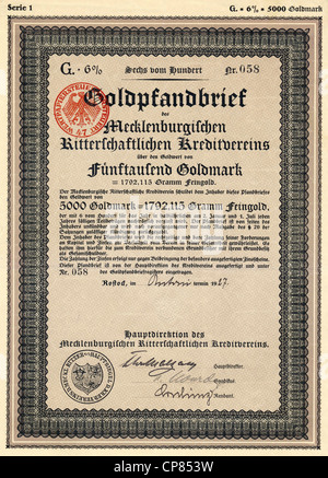 Papier de sécurité historique, certificat d'obligation pour l'or, une coopérative de crédit, 5000 marques d'or, Rostock, 1927, Allemagne, Europe, Histo Banque D'Images