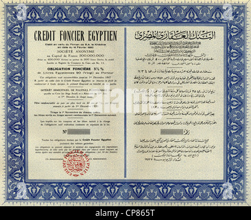 Historic stock certificate, partager, emprunt obligataire, 20 livres, en français et en arabe, lettrage Crédit Foncier égyptien, 1937, Le Caire, Banque D'Images