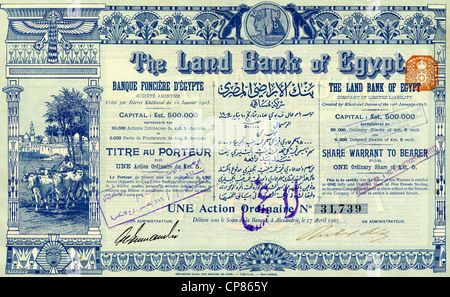 Certificat d'actions historiques, de partager, de l'image de vaches en face d'une ville arabe avec minarets, ornements égyptien, la Banque foncière de Banque D'Images