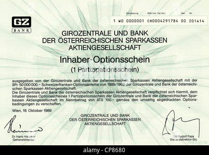 Historic Stock certificat, certificat de titres au porteur, le justifient, Historisches Wertpapier, Inhaber-Optionsschein, Girozentrale Banque D'Images