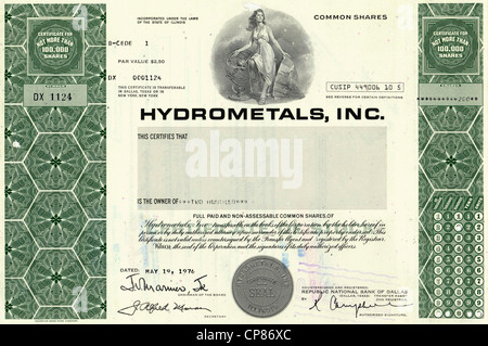 Certificat d'actions historiques, Hydrometals Inc., les métaux précieux, l'aluminium, New York, 1976, USA, Historische Aktie, Hydrometals, dans Banque D'Images