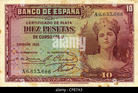 Aus Spanien, 10 billets Peseten, 1935 Banque D'Images