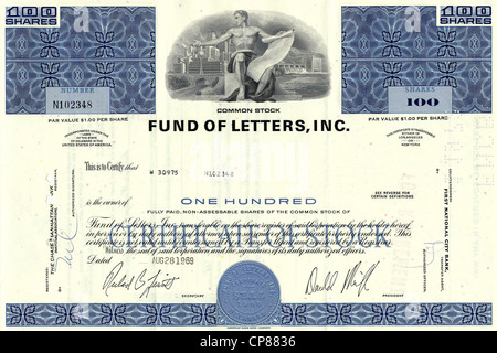 Certificat d'actions historiques, du secteur bancaire et financier, des fonds de lettres, Inc., 1969, Los Angeles, Californie, USA Banque D'Images