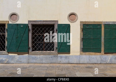 Métal vert couvre de windows avec grill à Graz, Autriche Banque D'Images