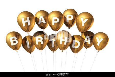 3D gold Happy Birthday balloons isolé sur fond blanc Banque D'Images