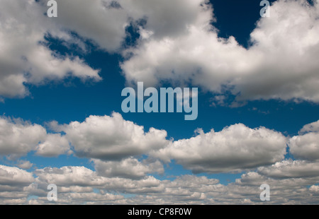 Haut allumé fluffy white clouds in a blue sky Banque D'Images