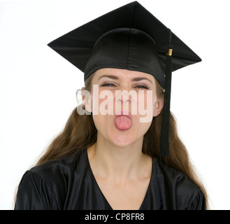 Portrait de jeune fille étudiant diplôme montrant langue maternelle Banque D'Images