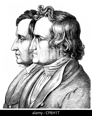 Les frères Grimm, Jacob Ludwig Karl Grimm, 1785 - 1863, un allemand et de littérature universitaire et juriste, et contes un Banque D'Images
