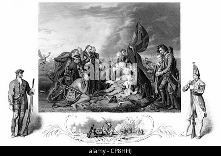 Gravure du xviiie siècle, 1775, la bataille des plaines d'Abraham, la mort du général Wolfe, Benjamin West, le Major Général Banque D'Images