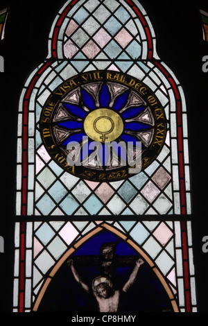 Détail de fenêtre pour commémorer Jeremiah Horrocks au St Michael's Church, Longton, Lancashire, Royaume-Uni. Banque D'Images
