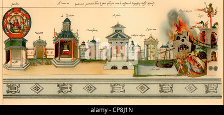 Manuscrit par Hubert Cailleau, 1547, décor d'une scène de théâtre, Passion Play dans Valenciennes, Nord, France, Histo Banque D'Images