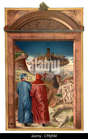 Illustration historique du 19ème siècle, la porte de l'enfer, le purgatoire et l'enfer comme l'illustration après la Divine Comédie b Banque D'Images