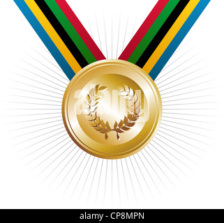 Jeux olympiques médaille d'or avec des rubans dans les couleurs qui représente les cinq continents sur fond blanc. Banque D'Images