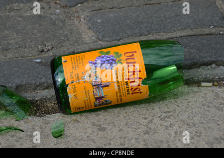 Une bouteille de vin, ou Buckfast 'Buckie' comme il est connu localement, se trouve rompu sur la chaussée. Banque D'Images