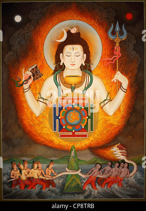 Neelkanth Shiva au mont Kailash avec Om mandala dans le centre - peinture du Népal Newari Banque D'Images