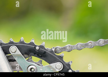 Détail de l'ensemble de la chaîne et pignons arrière de vtt. Banque D'Images